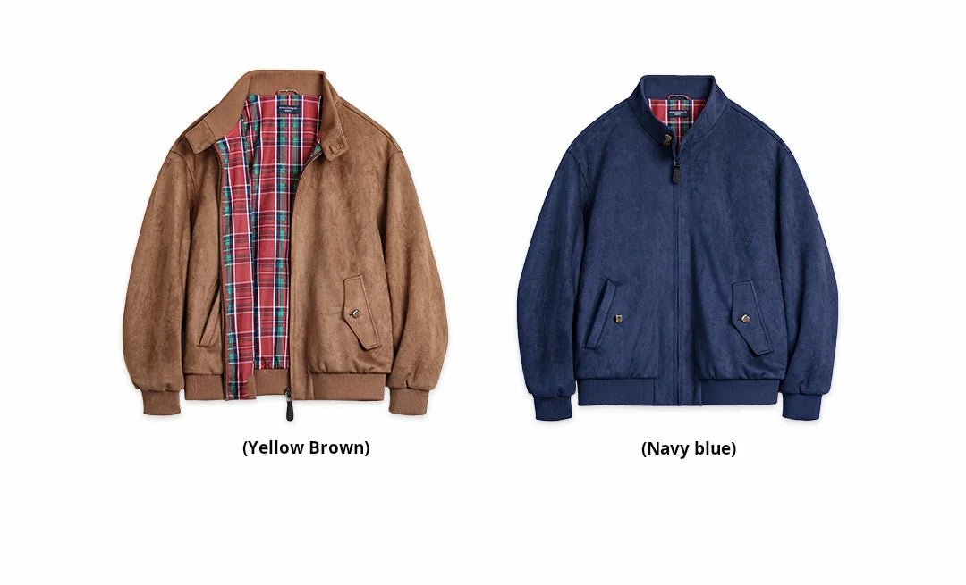 Maden Vintage Men's Suede Jackets Zippered Stand Collar Windbreaker with Tartan Lining Warm Coat for Autumn Winter Streetwear