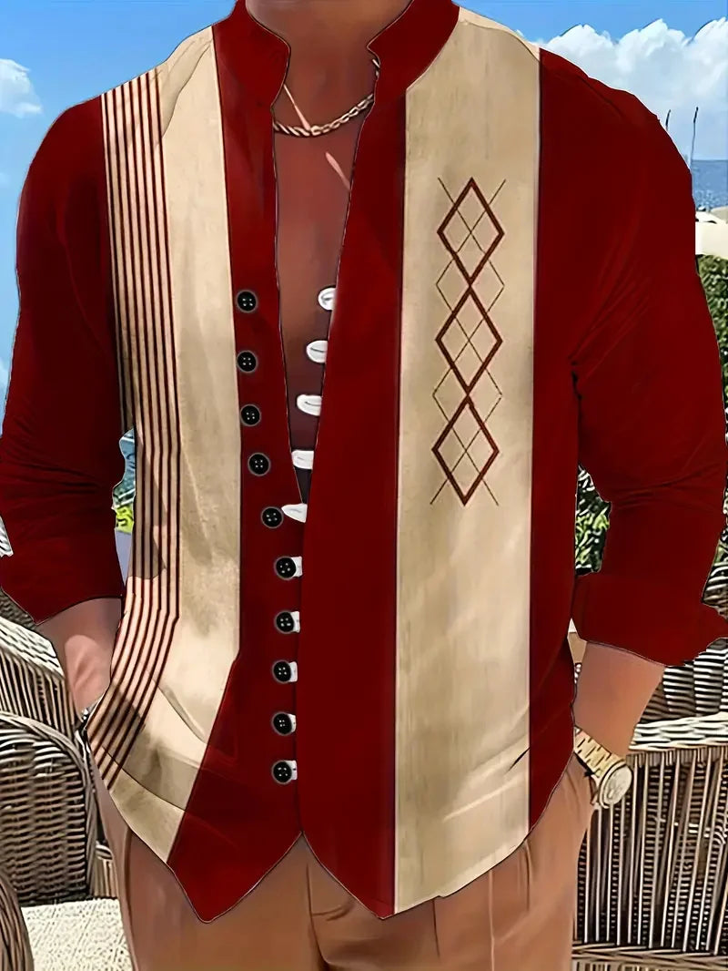 Men's Long Sleeve Lapel Shirt Outdoor Casual Top 3D Geometric Printed Pattern Loose Men's Clothing Top