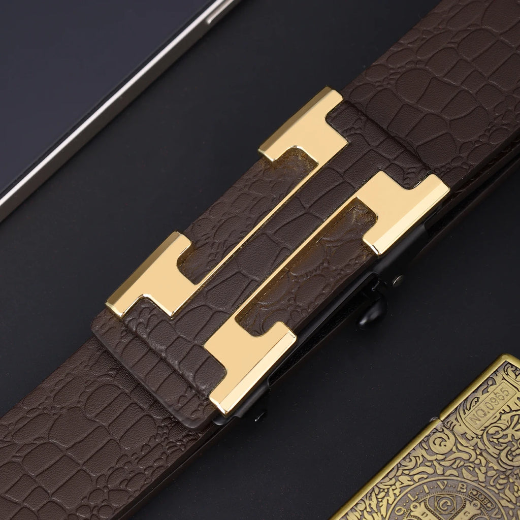 Men's Fashionable Work Business Belt with Metal Automatic Buckle Durable Everyday Use Design Perfect Gift Choice