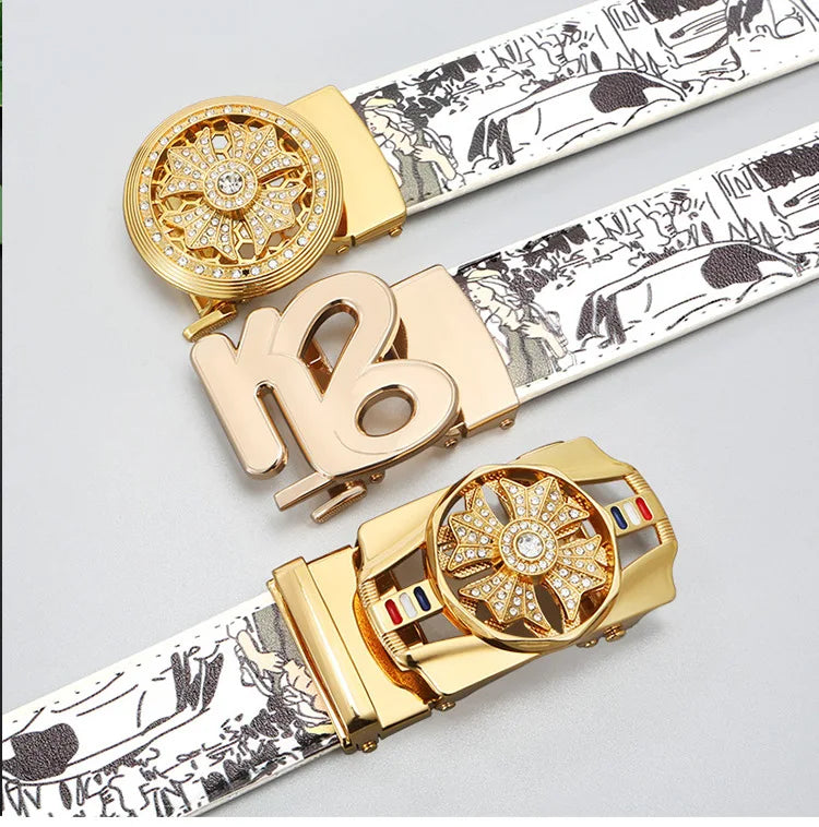 Men's Fashionable Automatic Belt with Rotating Buckle，Graffiti printPUBelt，Luxurious casual belt suitable for jeans and trousers