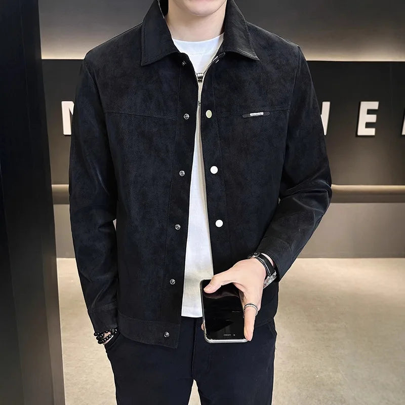 Men Jacket Spring Autumn American Retro Slim Turn Down Collar Long Sleve Male Outerwear Single-breasted Versatile Man Coat