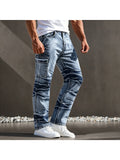 Men's Jeans, American Casual Style, Multi-Pocket Design, Simple and Versatile Straight-Leg Trousers, Suitable for All Seasons