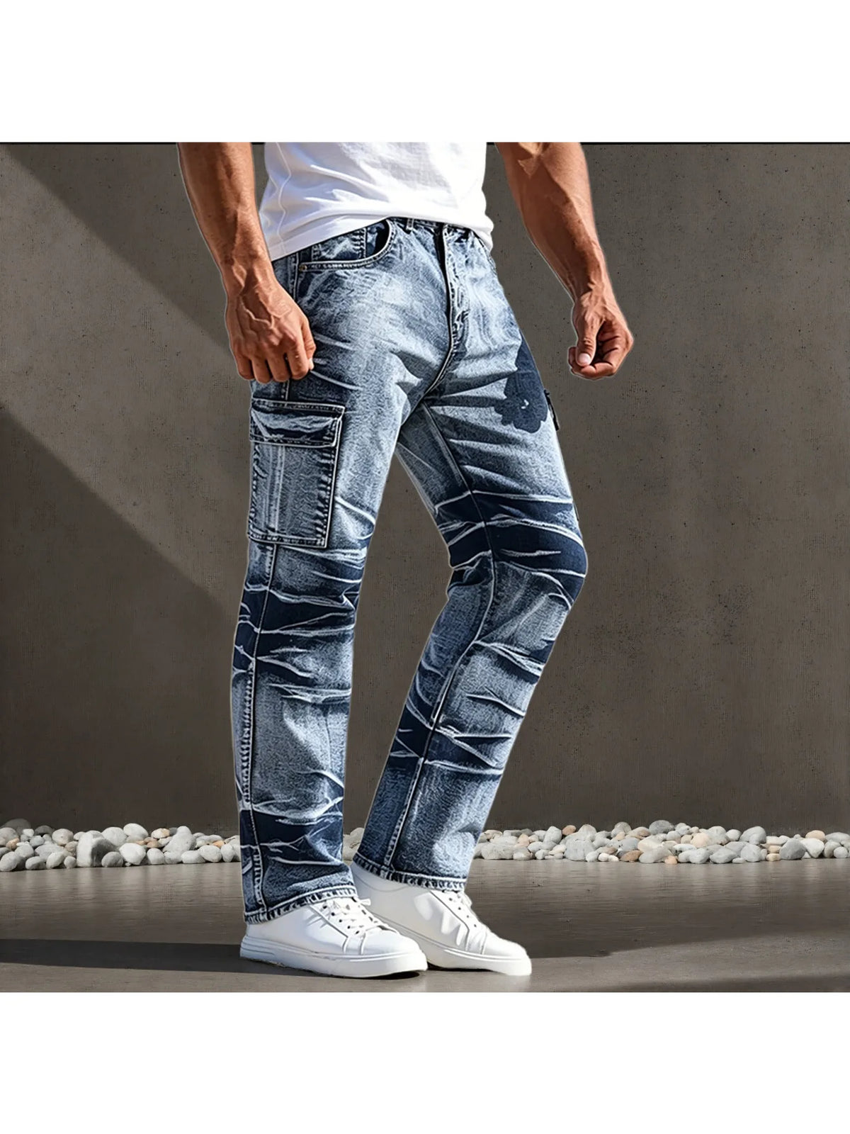 Men's Jeans, American Casual Style, Multi-Pocket Design, Simple and Versatile Straight-Leg Trousers, Suitable for All Seasons