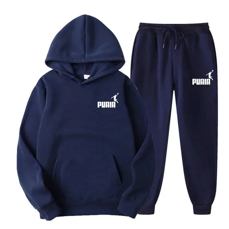 Autumn and winter new men's sportswear set, outdoor cycling windproof and warm men's hooded sweatshirt + pants 2-piece set
