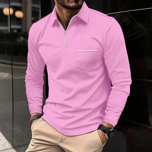 Men Long Sleeve Polo Shirt With Zipper Pocket Lapel Solid Color Casual Sports Tops Spring Autumn European American Male Clothing