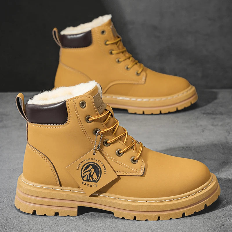 Men's High-Top Boots with Plush Lining, Thick and Warm Interior for Cold Weather Protection, Thick Non-Slip and Wear-Resistant Soles, Rugged Workwear Style, Warm and Stylish for Autumn and Winter Outings, Suitable for Various