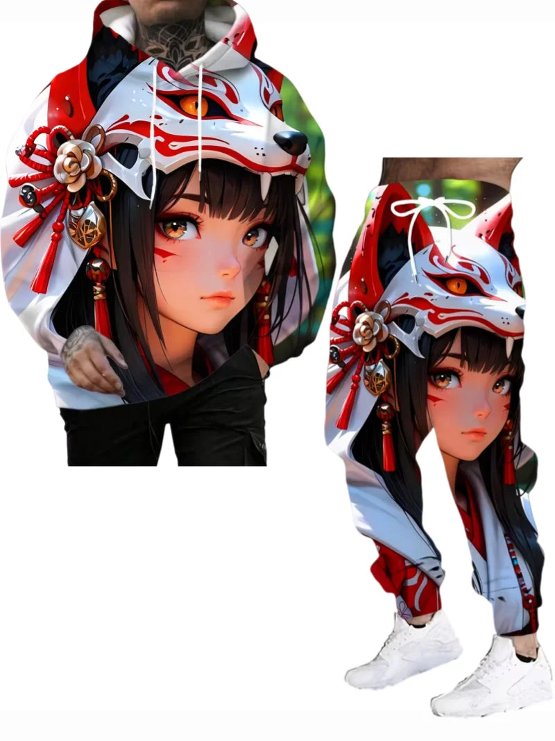 Japanese Anime 3d Print Hoodie 2pcs set Men Women Fashion Sexy Samurai Tracksuit Casual Autumn Clothes Y2k Hoodie jogging Set