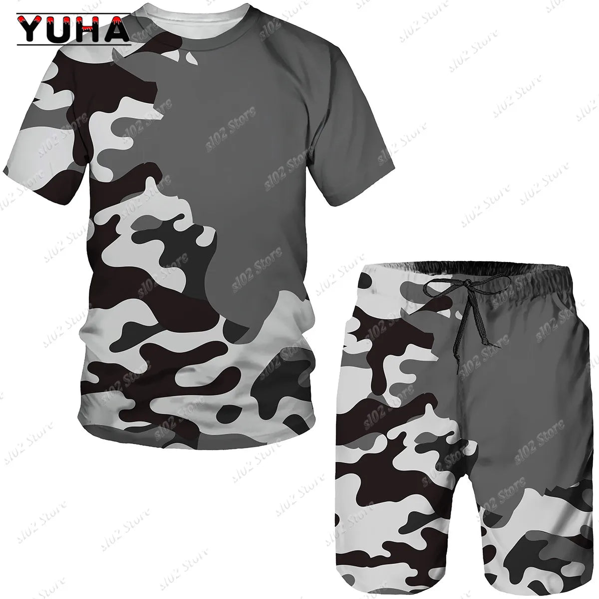 YUHA Summer Camouflage Tees/Shorts/Suits Men's T Shirt Shorts Tracksuit Sport Style Outdoor Camping Hunting Casual Mens Clo