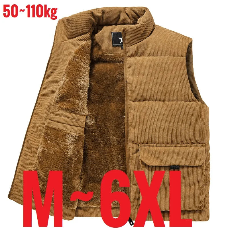 6XL Men's Corduroy Vest Zip Up Fleece Lined Sleeveless Jacket Male Thick Autumn Warm Winter Casual Outside Work Brown Waistcoat