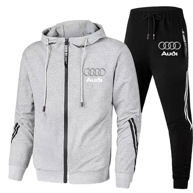 Autumn Winter Mens Audi Car Logo Print Tracksuit Men Zipper Hoodie+Pants 2 Piece Set Casual Gym Fitness Jogging Sportswear Suits