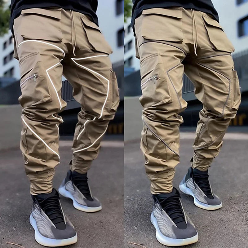 Men's Gym Joggers Stretch Casual Sweatpants Fitness Track Pants Multi-Pocket Cargo Hip Hop Streetwear Reflective Sports Trousers
