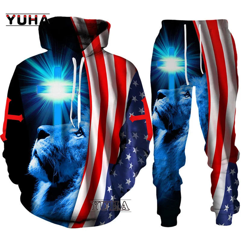 Two Piece Set Christian Bible Faith Jesus God Men's Hoodie/Suit Cool 3D Lion Printed Streetwear Couple Clothes Jogging Tracksuit