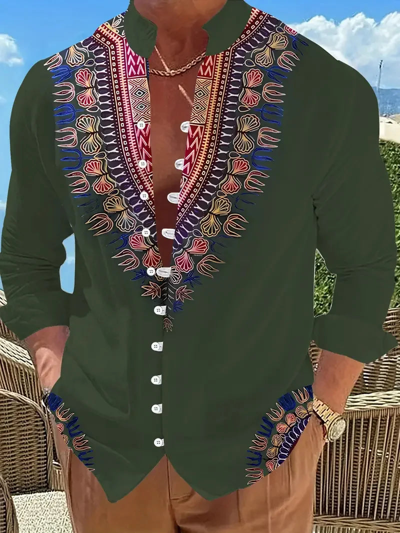 Men's Long Sleeve Lapel Shirt Outdoor Casual Top 3D Geometric Printed Pattern Loose Men's Clothing Top
