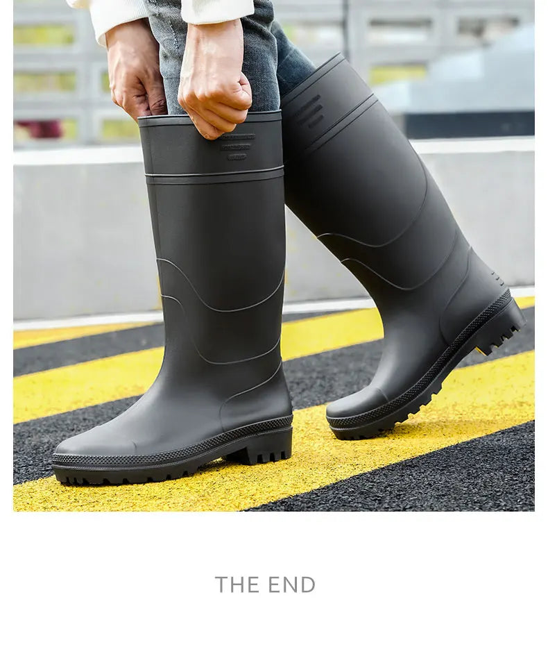 Men's High-Top Rain Boots, Black, Non-Slip, Waterproof, Wear-Resistant, Outdoor Boating, Fishing, Long-Tube Water Shoes, Farm Work Rain Boots