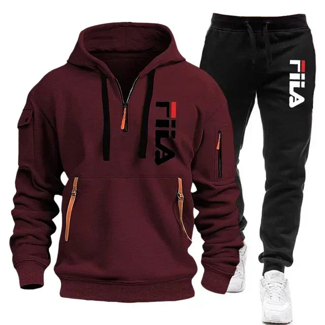 2026 Autumn and winter new men's multi pocket zipper hooded sports shirt+pants two-piece set, men's casual pullover sports set