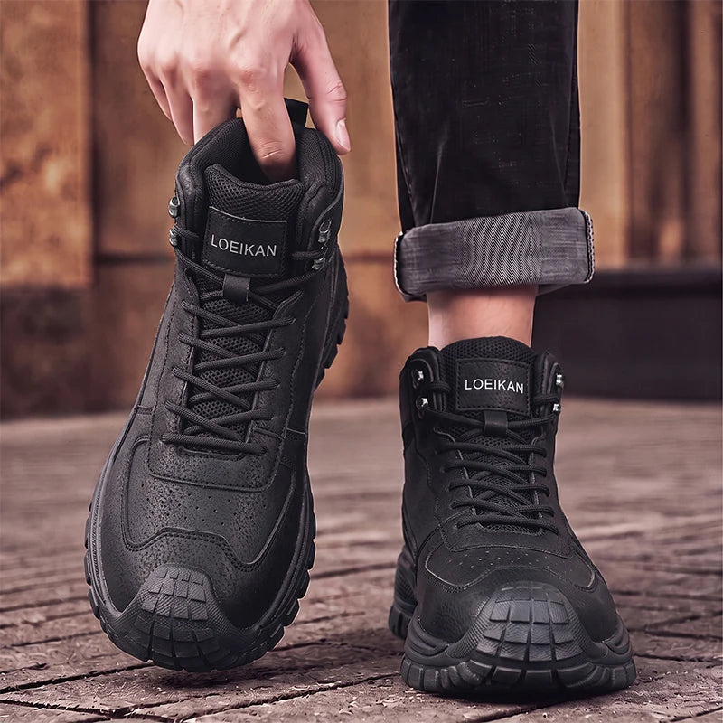 Men High Top Ankle Boots Suede Mesh Splicing Shoes Anti‑collision Toe Non‑slip Thick Sole Male Boots for Daily Walking Commute