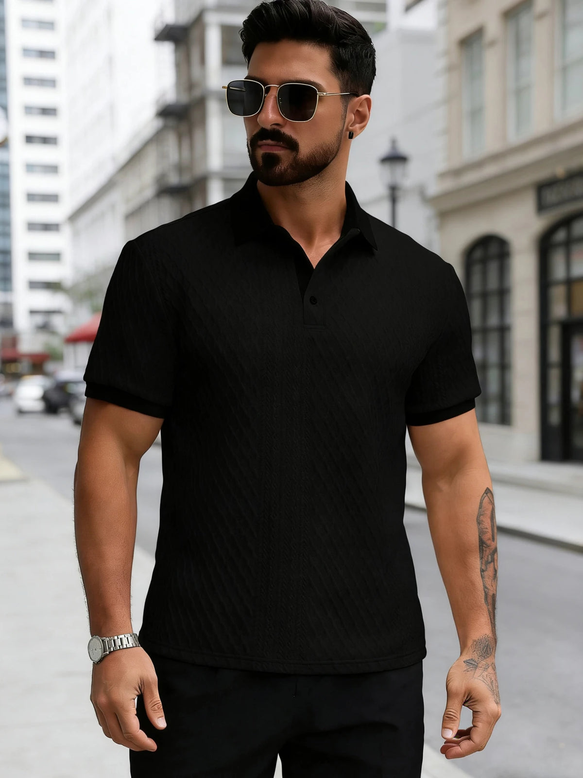 Men's Casual Polo Shirt — Knitted with Slight Stretch | Italian-Inspired Openwork Print Design | Simple Solid Color | Soft & Com