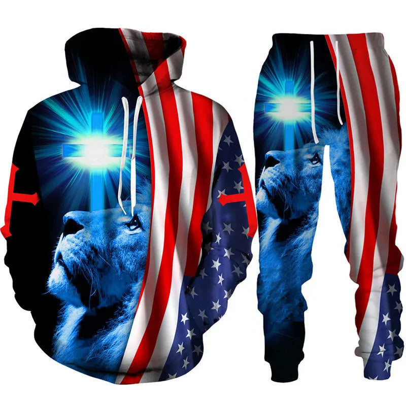 Two Piece Set Christian Bible Faith Jesus God Men's Hoodie/Suit Cool 3D Lion Printed Streetwear Couple Clothes Jogging Tracksuit