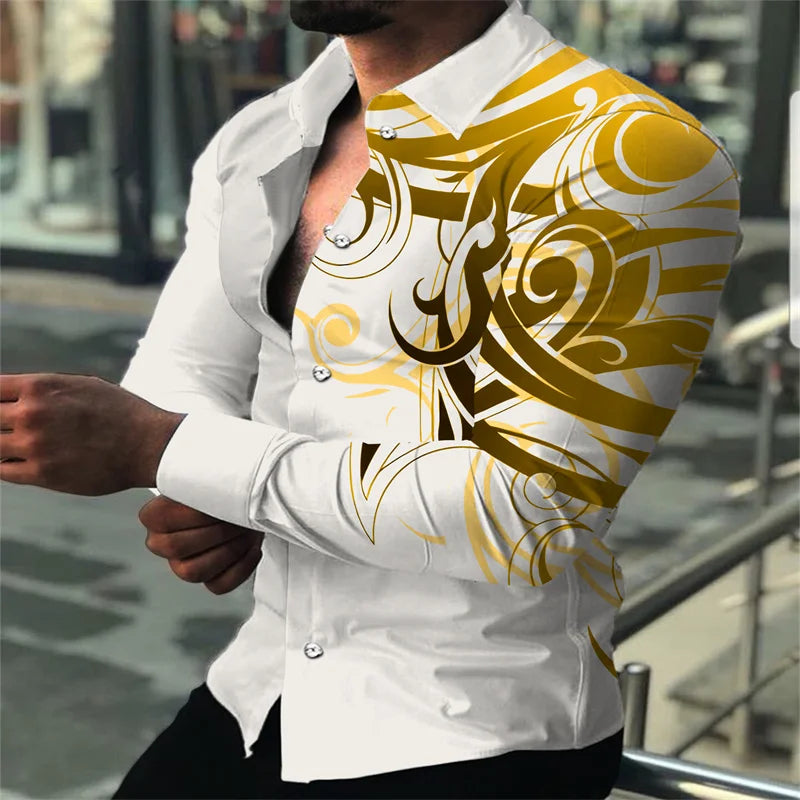 Men's Casual Graffiti 3D Printed Shirt Collar Simple Men's Long Sleeve Fashion Street Shirt Men's Loose Top