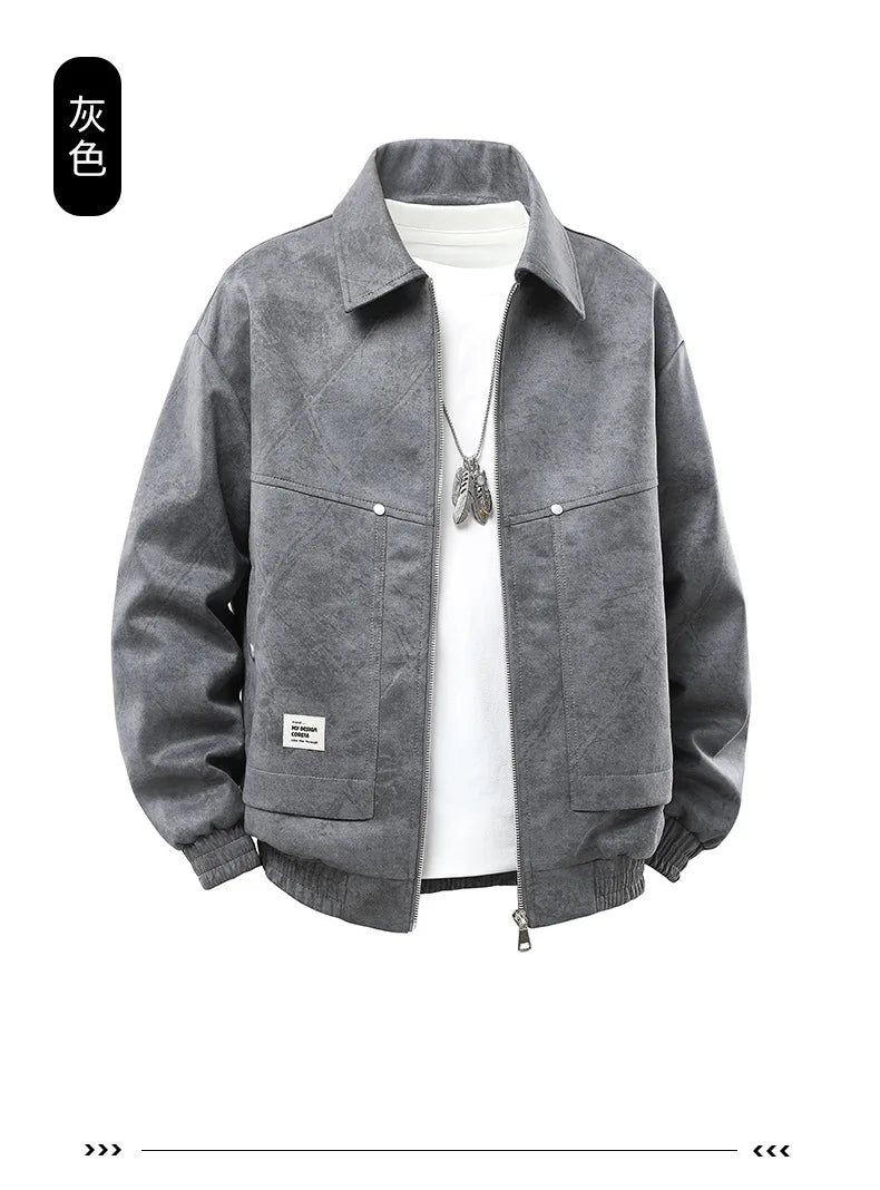 Plus Size 9XL Men Suede Jacket Zipper Oversize Coat Male Motorcycle Big Large 8XL Grey Loose Trend Korean Casual Fashion