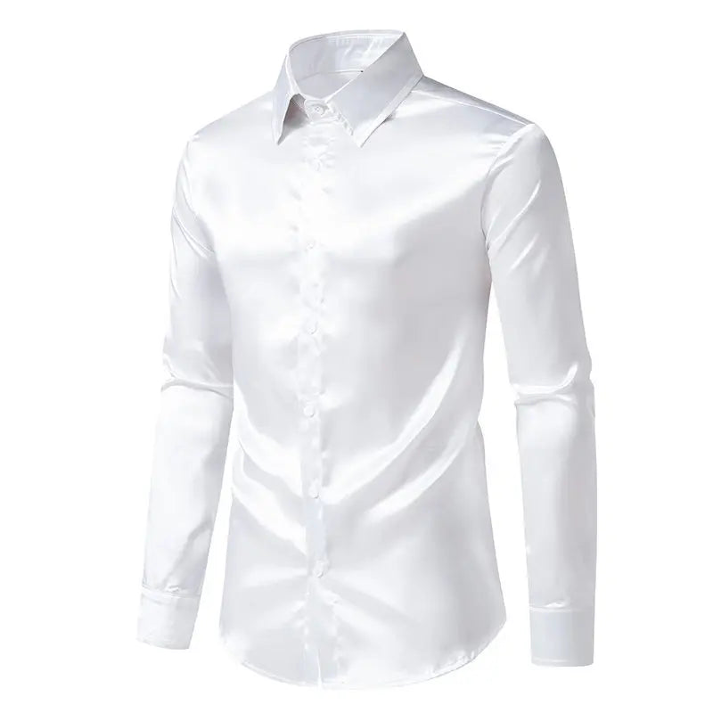 Bright face shirt, men's long sleeved autumn and winter men's clothing, satin nightclub style, solid color trend, men's trend