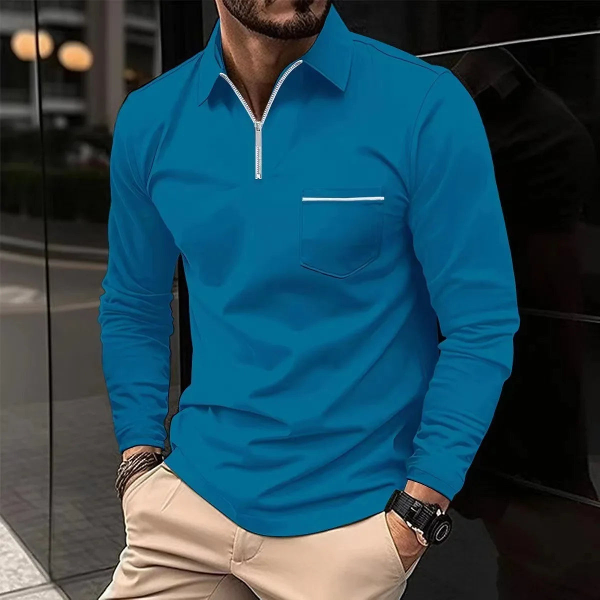 Men Long Sleeve Polo Shirt With Zipper Pocket Lapel Solid Color Casual Sports Tops Spring Autumn European American Male Clothing