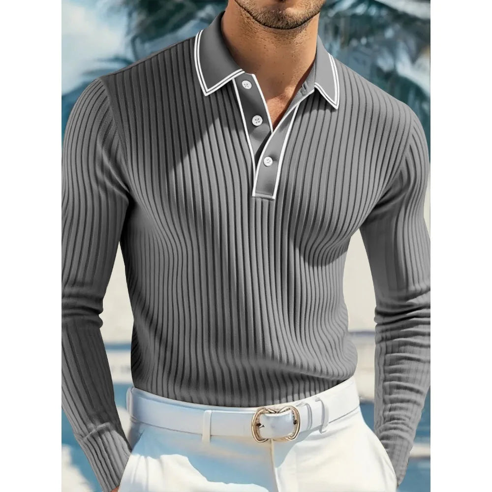 New Men's Long Sleeve Knitted Polo Shirt Classic Cotton Knit with Button Placket Business Casual & Golf Top Spring Autumn Shirts