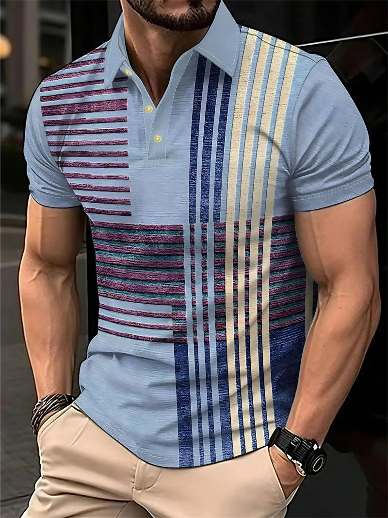 Simple Striped Polo Shirts For Men Summer Casual Short Sleeve 3D Printed Business Polo Shirt Loose Breathable Daily Wear Tees