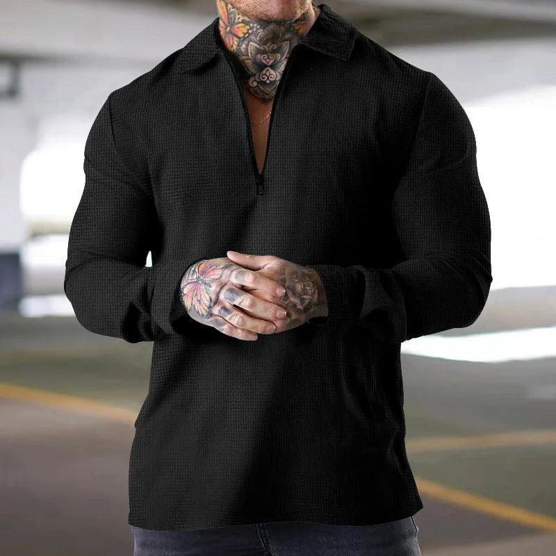 Men Waffle Knit Long Sleeve Polo Shirt Quarter Zip Lapel Casual T-Shirt For Autumn