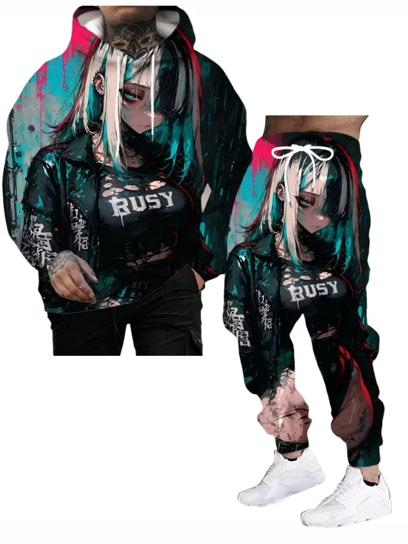 Japanese Anime 3d Print Hoodie 2pcs set Men Women Fashion Sexy Samurai Tracksuit Casual Autumn Clothes Y2k Hoodie jogging Set