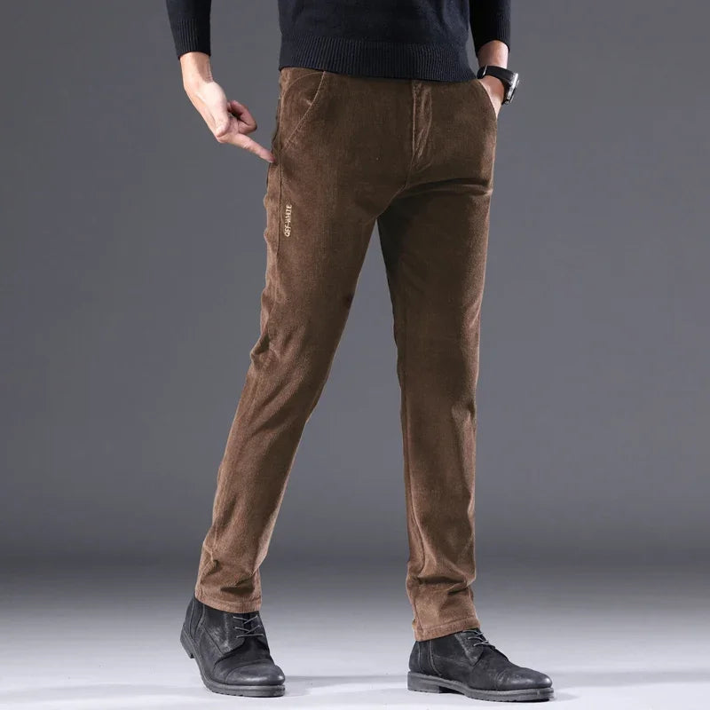 Men's Solid Straight Leg Corduroy Fabric Casual Pants Male Army-green Coffee Office Pants Stylish Youth Autumn Winter Trousers