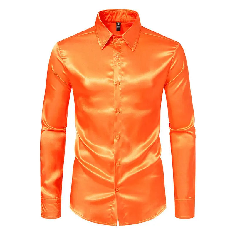 Bright face shirt, men's long sleeved autumn and winter men's clothing, satin nightclub style, solid color trend, men's trend
