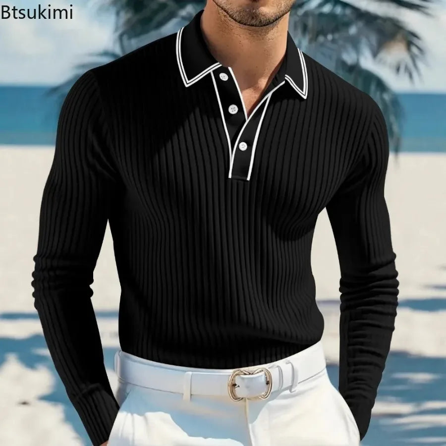 New Men's Long Sleeve Knitted Polo Shirt Classic Cotton Knit with Button Placket Business Casual & Golf Top Spring Autumn Shirts