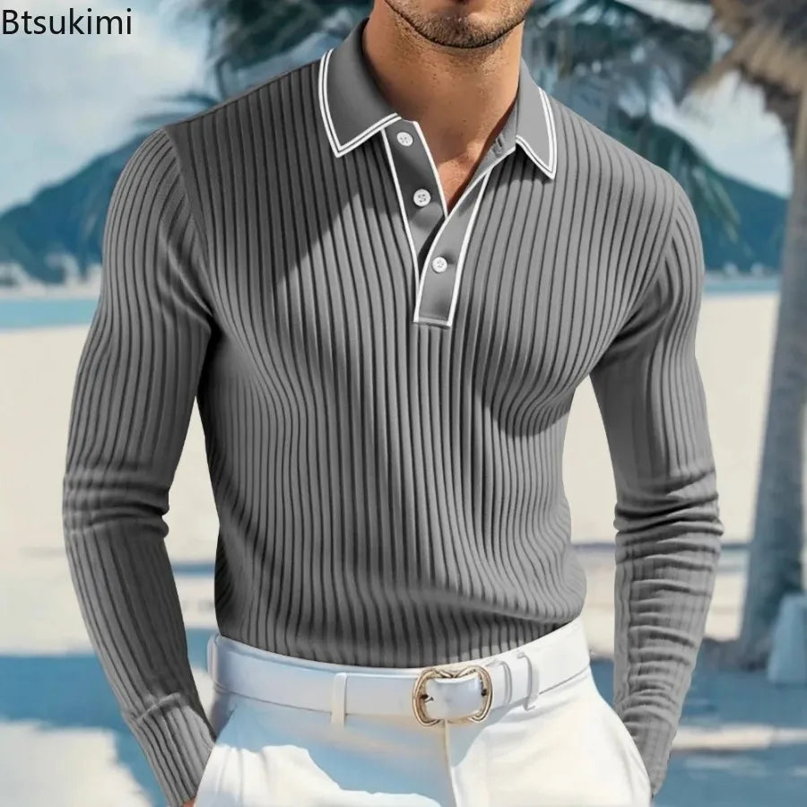New Men's Long Sleeve Knitted Polo Shirt Classic Cotton Knit with Button Placket Business Casual & Golf Top Spring Autumn Shirts