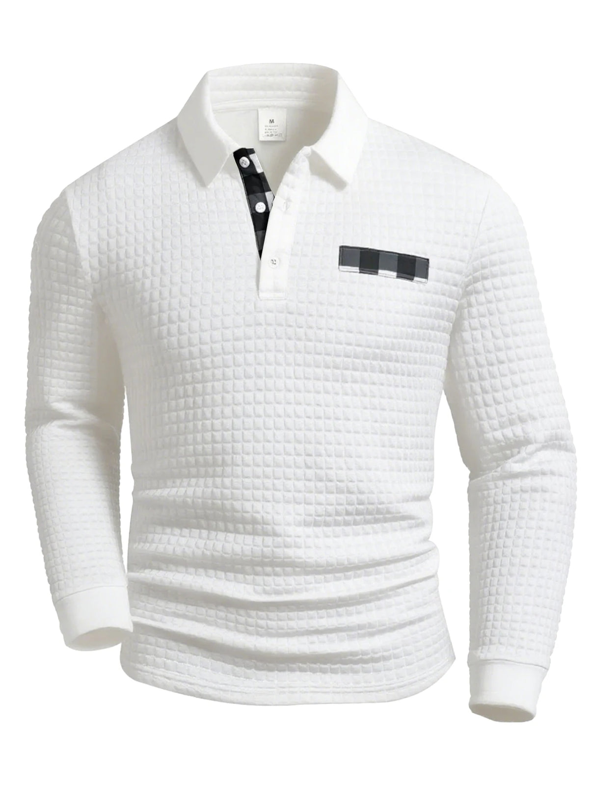 Men's Polo Shirts Square Plaid Texture Fabric Solid Color Mens Long Sleeve Tops Button Checkered Patchwork Henley Collar