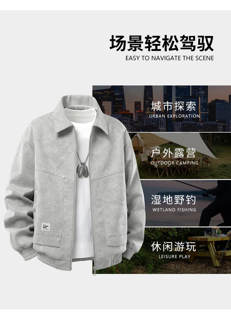 Plus Size 9XL Men Suede Jacket Zipper Oversize Coat Male Motorcycle Big Large 8XL Grey Loose Trend Korean Casual Fashion