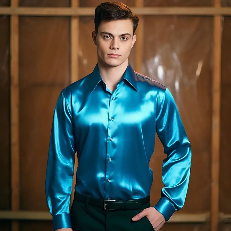 Bright face shirt, men's long sleeved autumn and winter men's clothing, satin nightclub style, solid color trend, men's trend