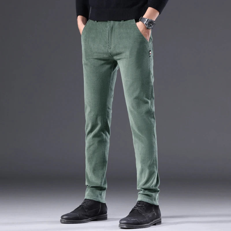 Men's Solid Straight Leg Corduroy Fabric Casual Pants Male Army-green Coffee Office Pants Stylish Youth Autumn Winter Trousers
