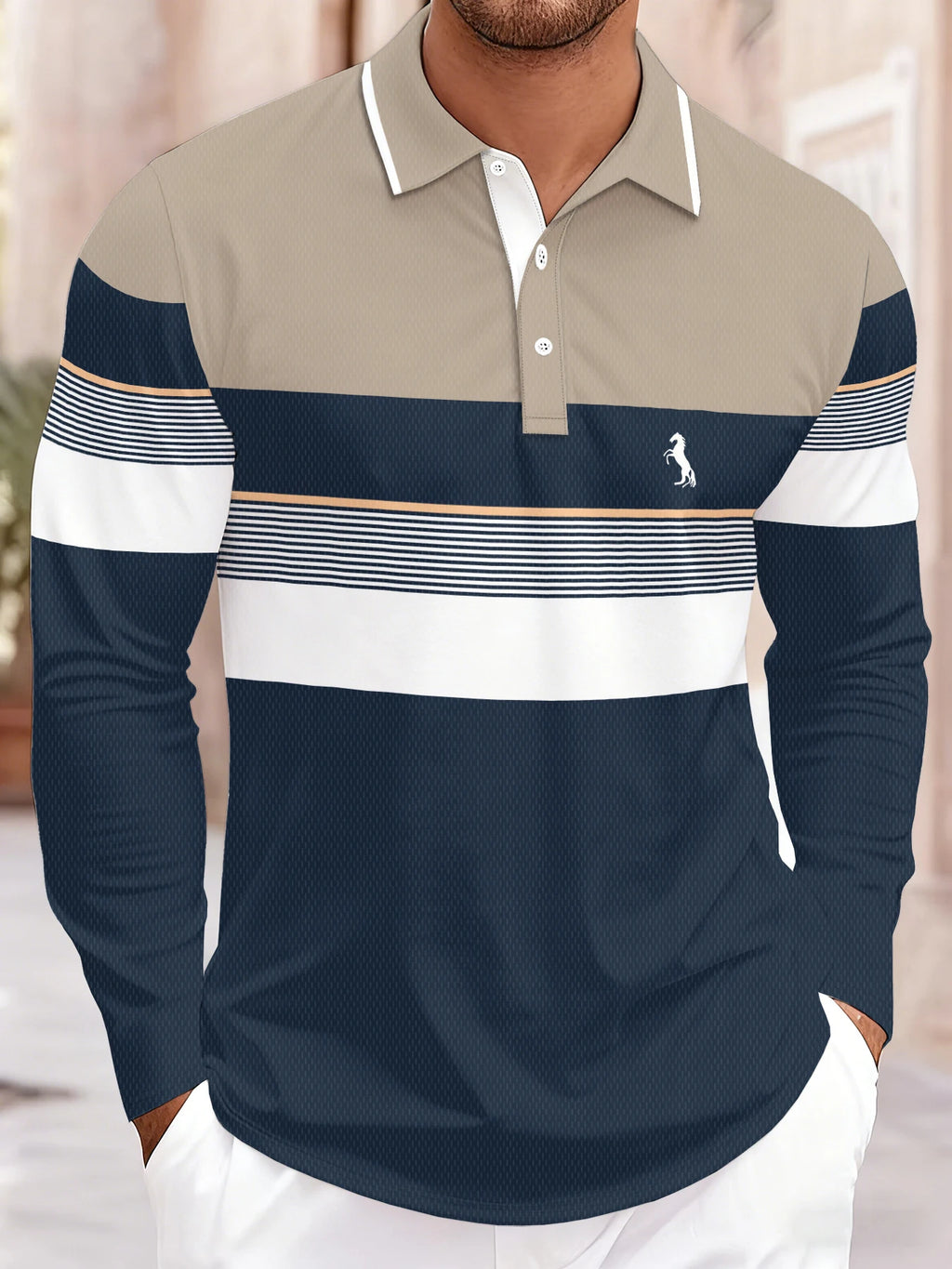Men's Polo shirts for autumn and winter with fashionable buttons featuring daily stripe patterns long-sleeved Polo shirts