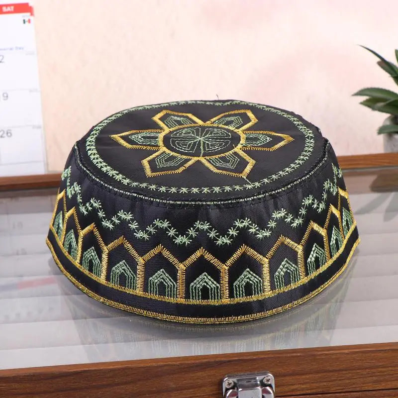 Cotton Polyester Muslim Men Prayer Hat Saudi Embroidery Cap Leisure Breathable Comfortable Fit for Mosque Events