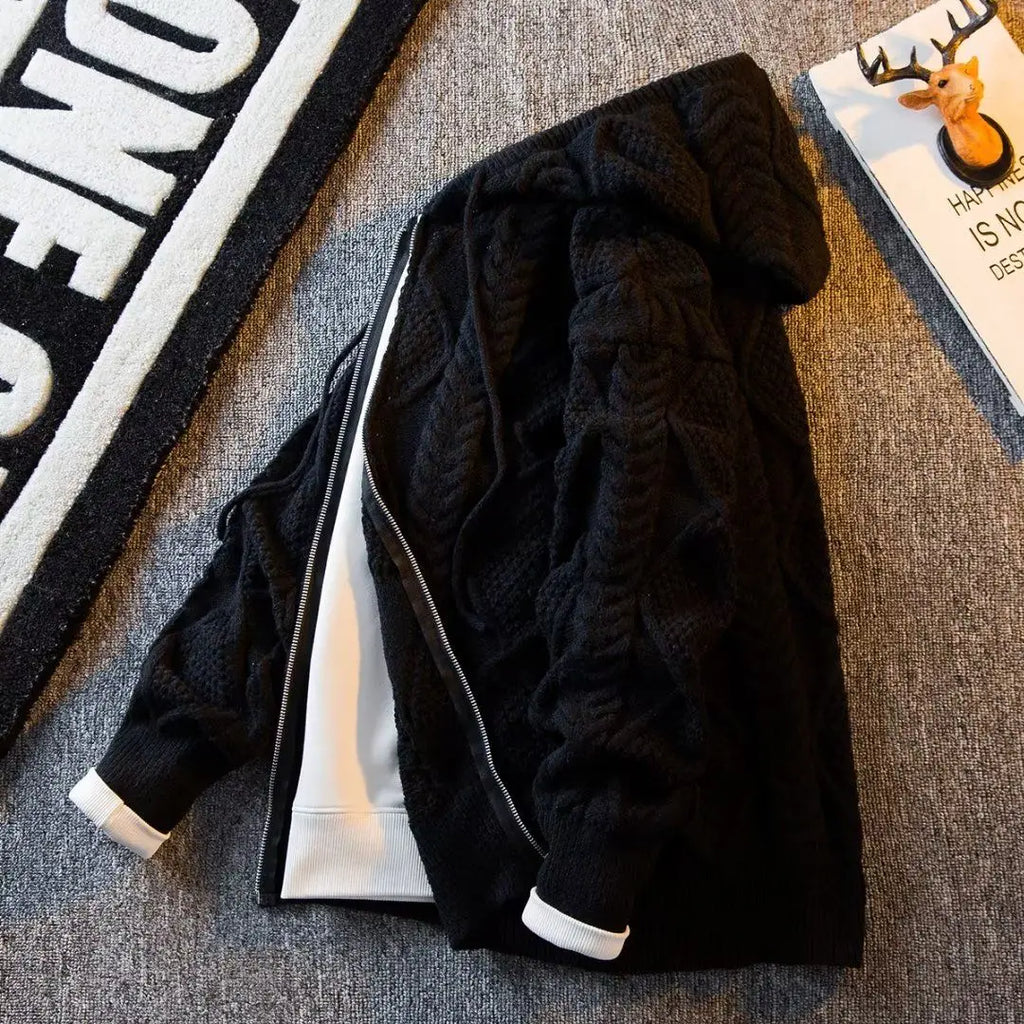 Men's New England Style Hooded Streetwear Zipper Cardigan Autumn Winter Knitted Thick Sweater
