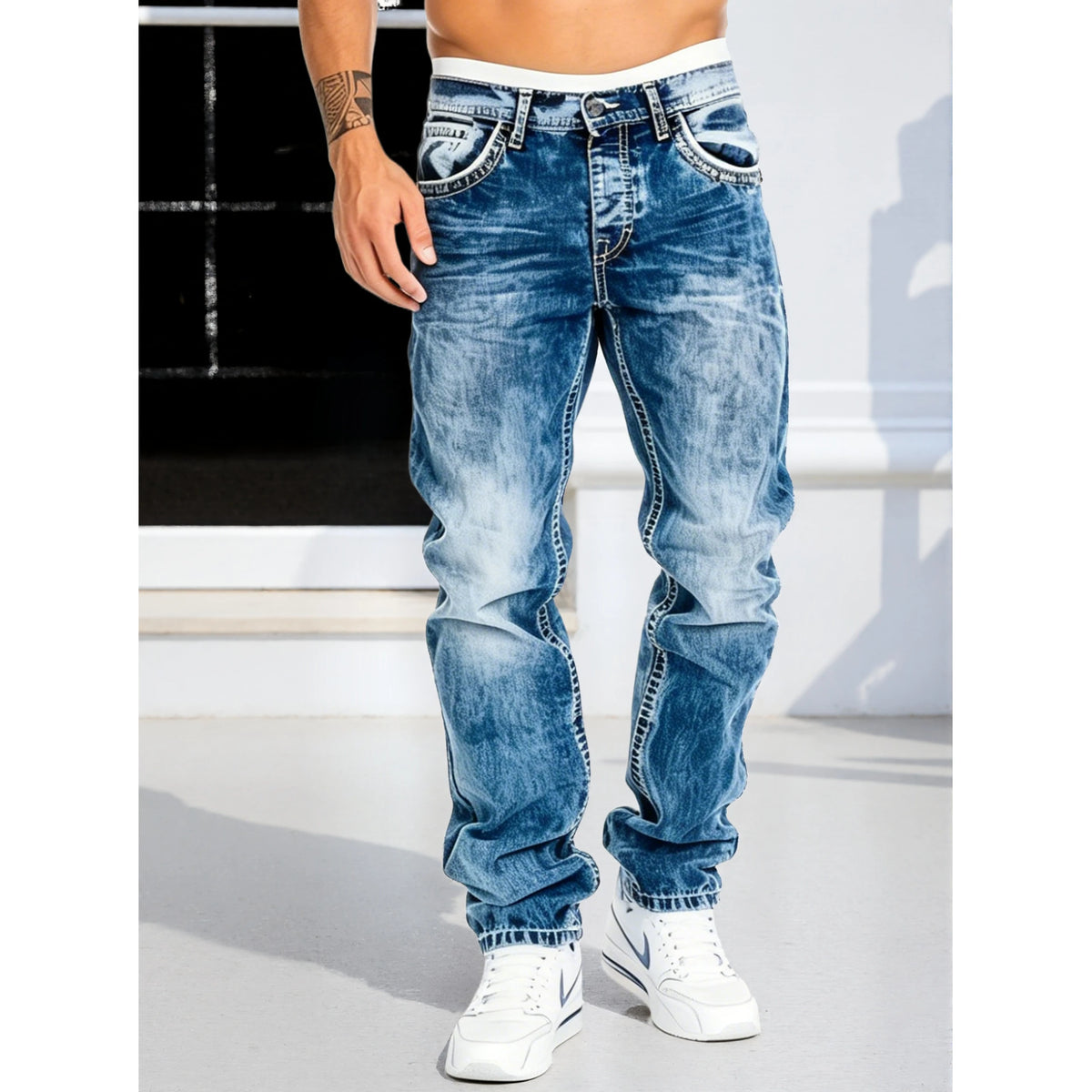 Men's Jeans Man Pants Classic Straight Cut Stretchl Denim Trousers Vintage Washed Solid Color for Street Style