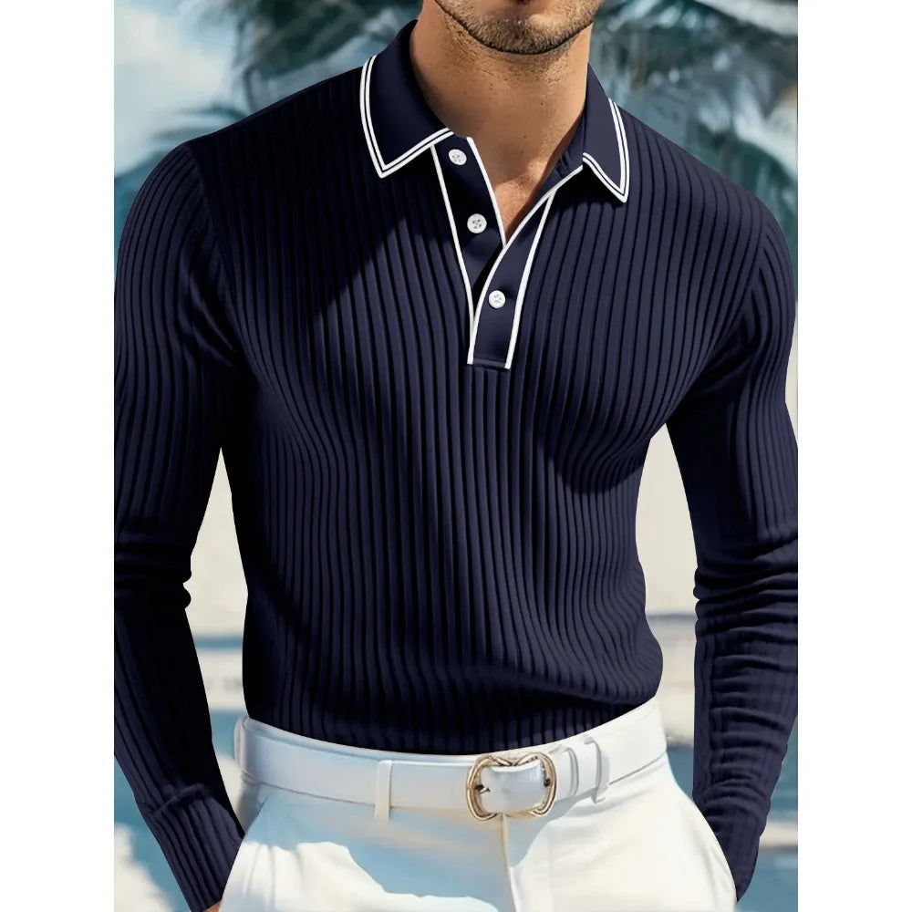 New Men's Long Sleeve Knitted Polo Shirt Classic Cotton Knit with Button Placket Business Casual & Golf Top Spring Autumn Shirts