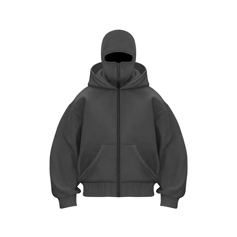Men Hip Hop Double Hat Balaclava Hoodie Windproof Zipper Face Mask Sweatshirt Streetwear Trend Autumn Fashion Hooded Jacket Coat