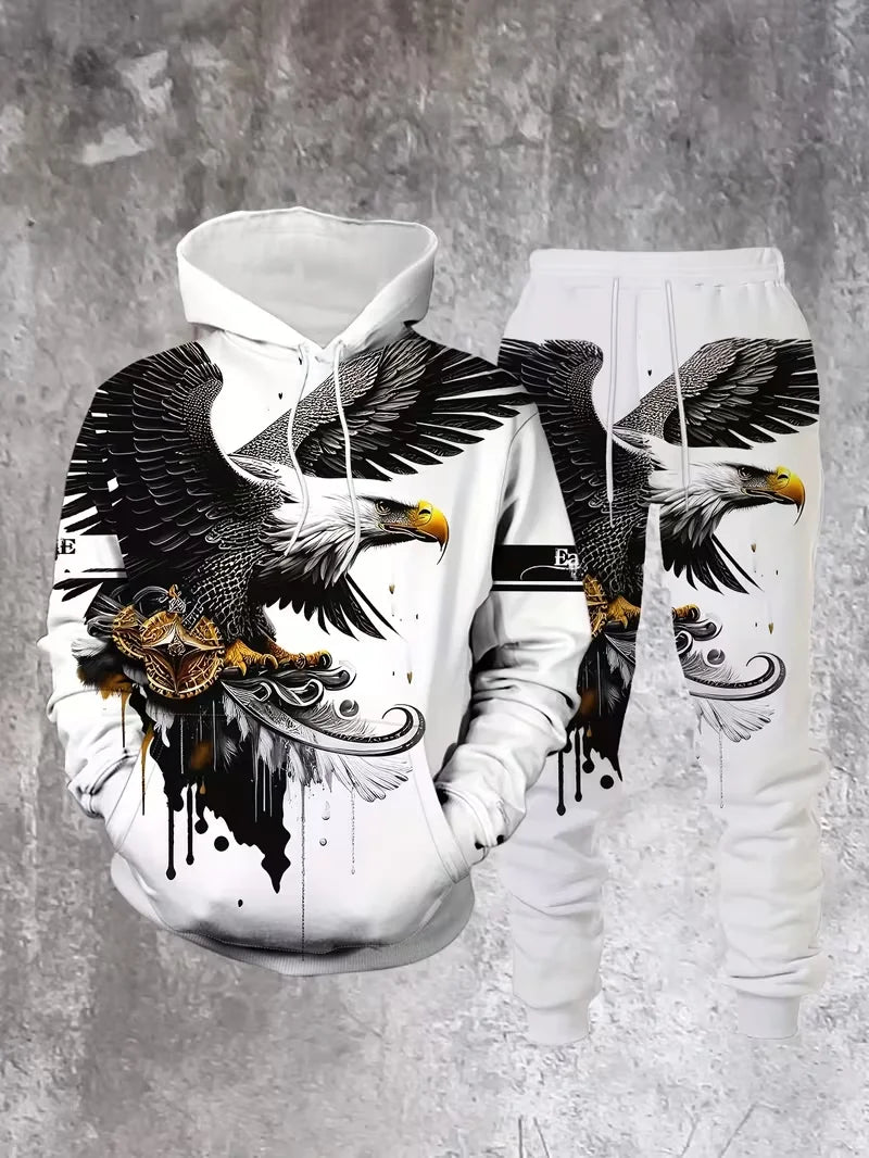 Men's 3D Eagle Print Tracksuit Outfits Street Fashion Hoodies Pants 2-Piece Set Autumn/Winter Casual Sweatshirt Sweatpants Suits