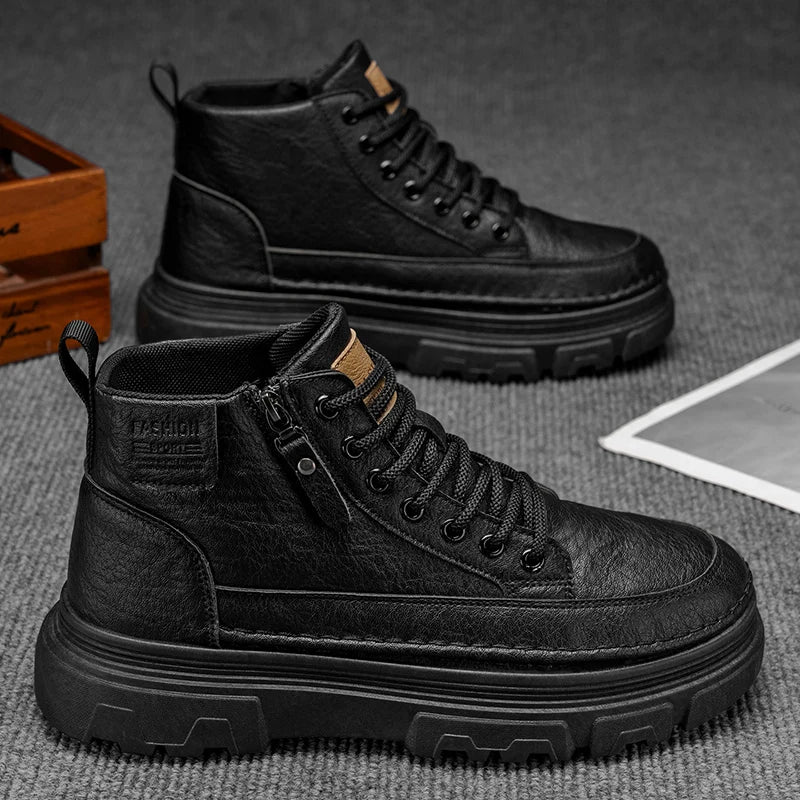Men Boots Autumn Leather Waterproof Mid-top Sports Shoes New Fashion Ankle Boots Casual Outdoor Hiking Boots Shoes Male Sneakers