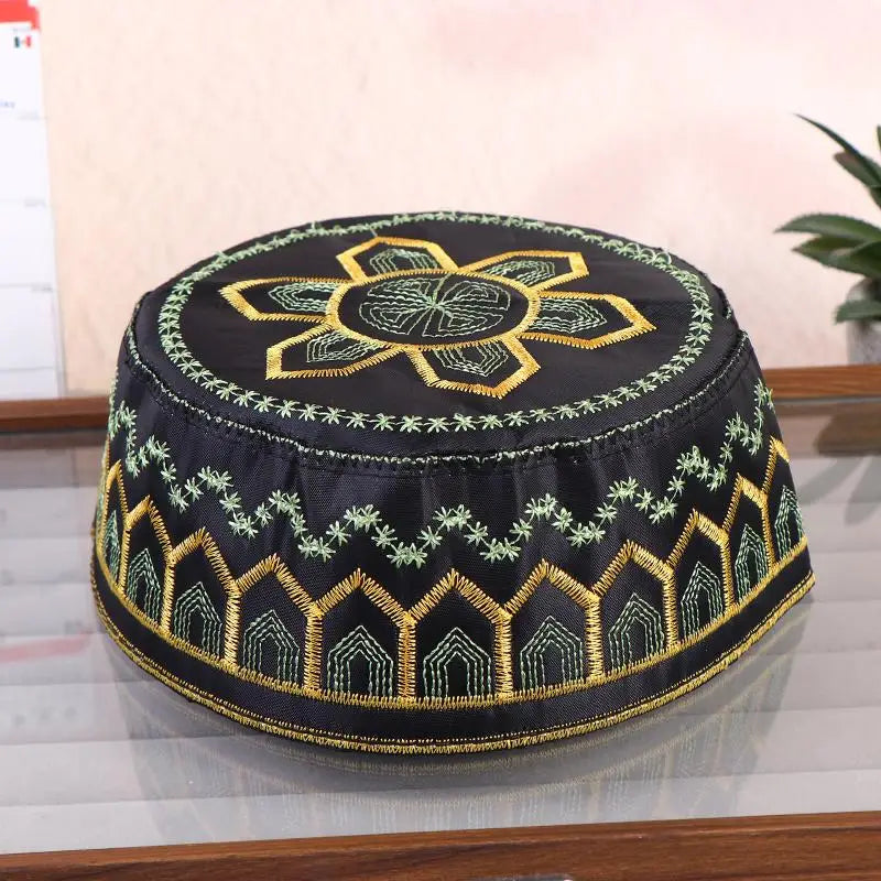 Cotton Polyester Muslim Men Prayer Hat Saudi Embroidery Cap Leisure Breathable Comfortable Fit for Mosque Events