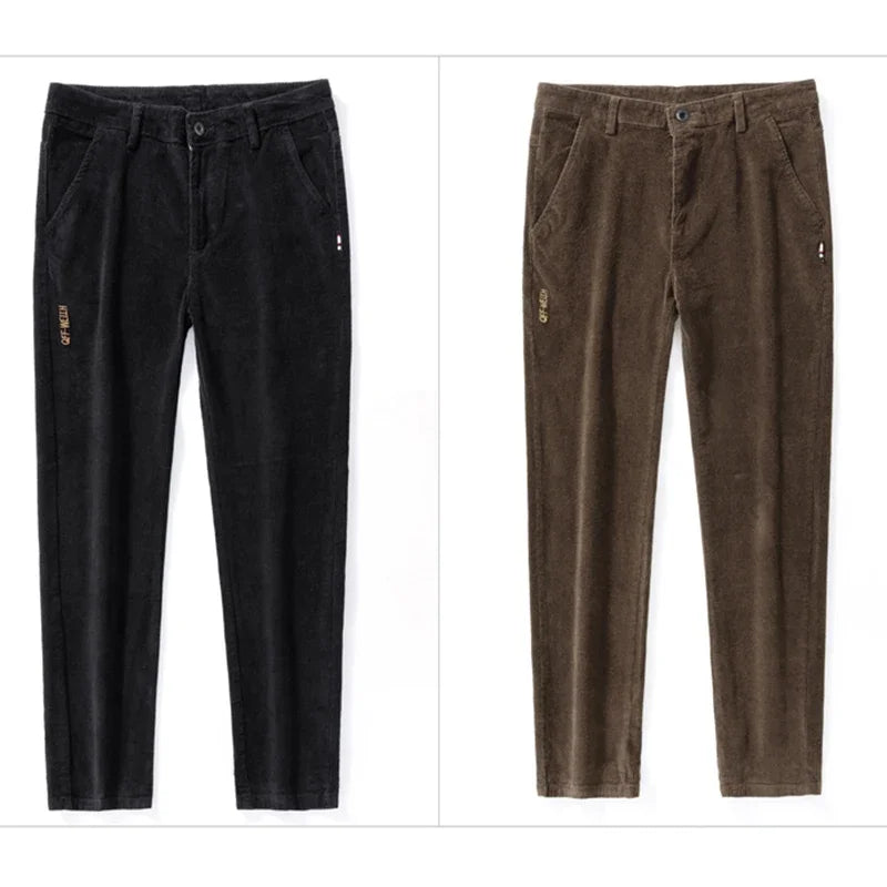 Men's Solid Straight Leg Corduroy Fabric Casual Pants Male Army-green Coffee Office Pants Stylish Youth Autumn Winter Trousers