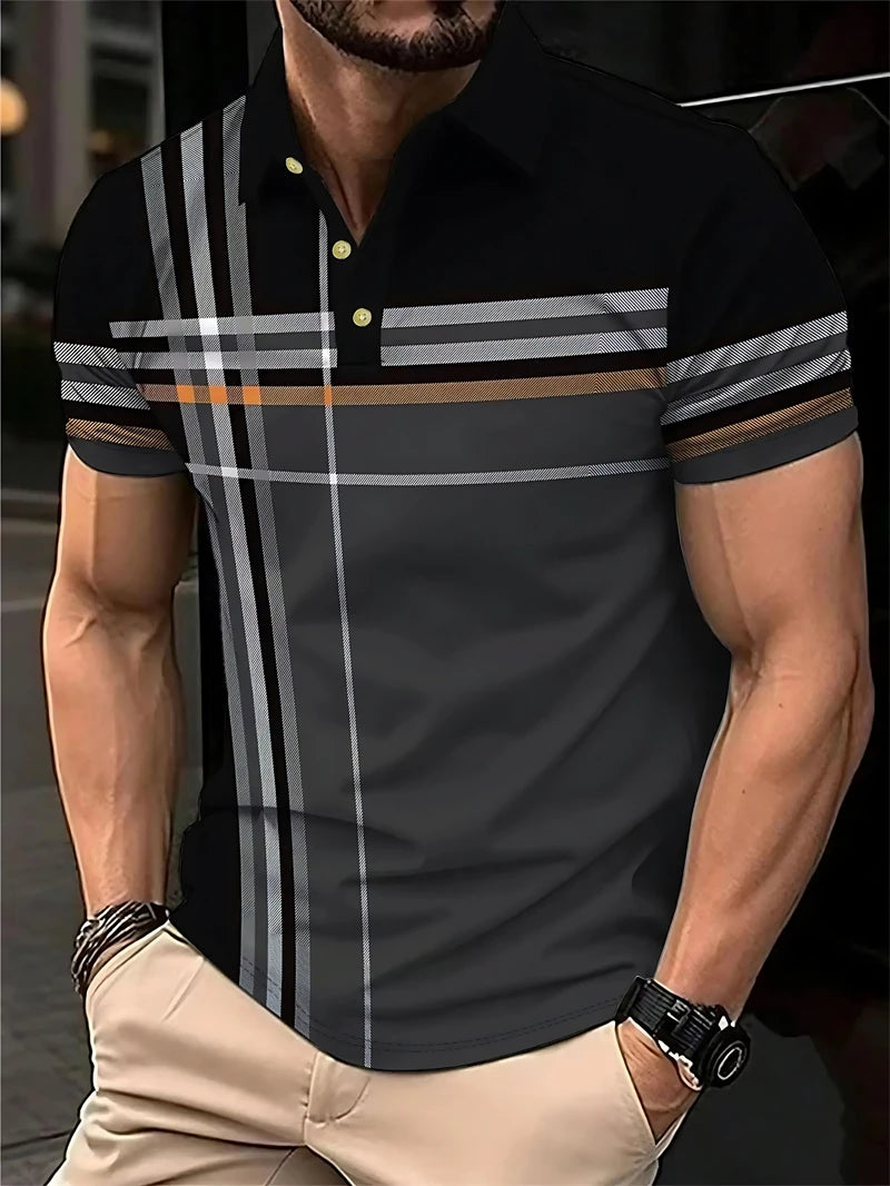 Simple Striped Polo Shirts For Men Summer Casual Short Sleeve 3D Printed Business Polo Shirt Loose Breathable Daily Wear Tees