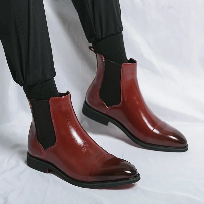 Men's Boots Business Ankle Boots Red Sole Pointed Toe Dress Boots British High Top Leather Shoes Slip-On Casual Men Chelsea Boot